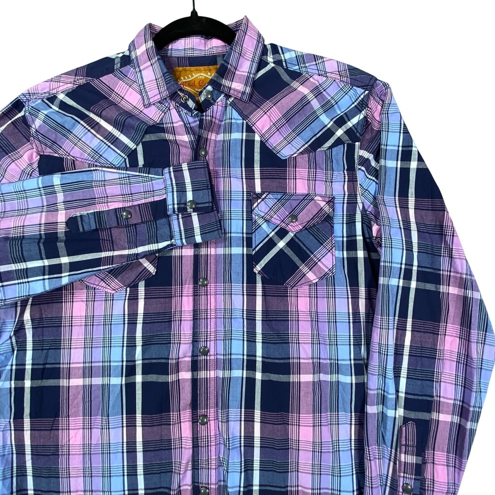 Red Camel Western Shirt Men L Purple Plaid Button Long Sleeve Pearl Snap Pockets